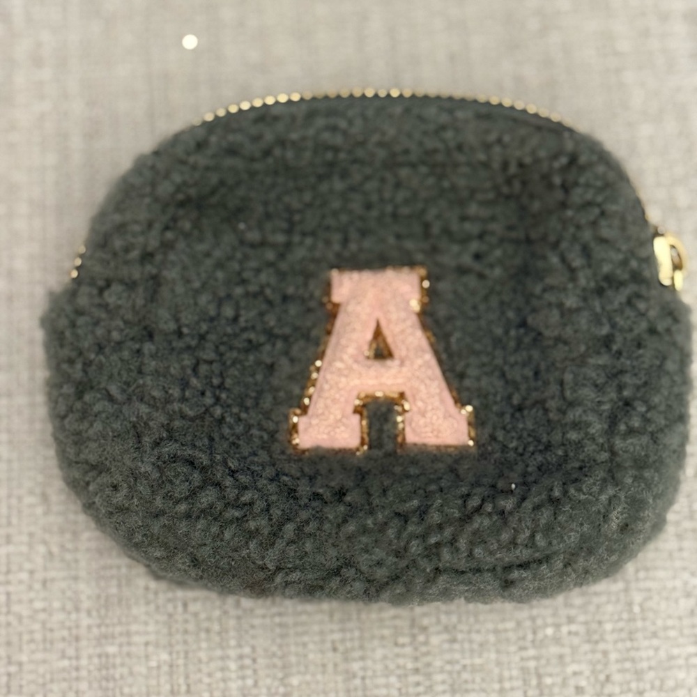Dark Green Sherpa Stoney Clover Lane Mini Pouch with Pink Letter A